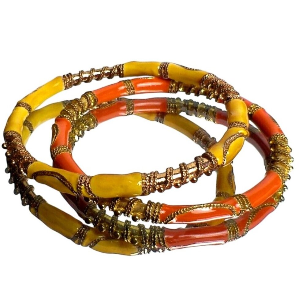 Vintage Enamel Bangle Bracelets With Gold-Silver Accent Design